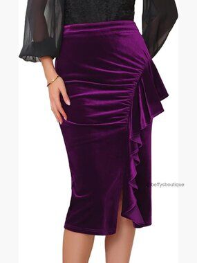 Velvet Bodycon Midi Skirt Ruched High Waist Formal Cocktail Slim Fit